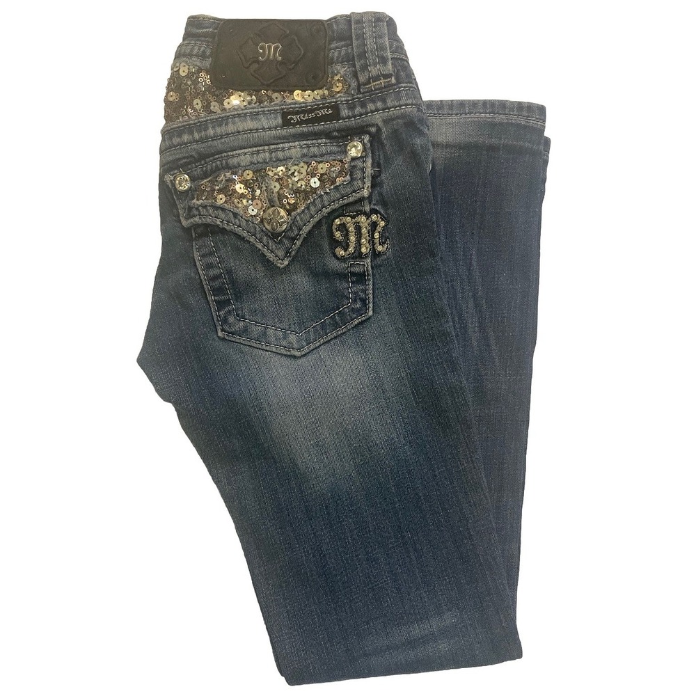 Miss Me Jeans Women's Sz 26 Medium Blue Wash Bootcut Rhinestone Pocket JE5731BR‎